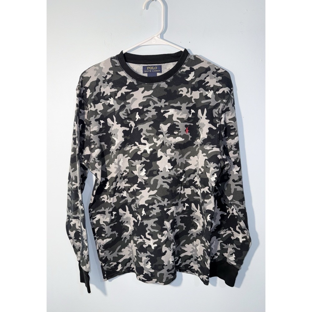 POLO RALPH LAUREN Men's Shirt Thermal Camo Logo Waffle Knit Black Gray Size XL